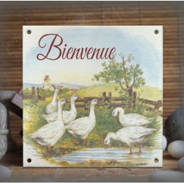 Plaque maison émaillée Bienvenue décor oies