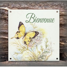 Plaque maison émaillée Bienvenue décor Papillon Jaune