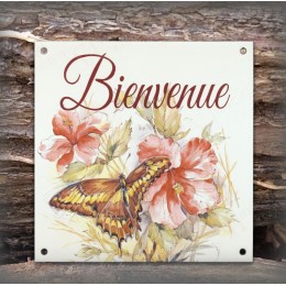 Plaque maison émaillée Bienvenue décor Papillon des merveilles