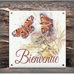 Plaque maison émaillée Bienvenue décor Papillons rouges
