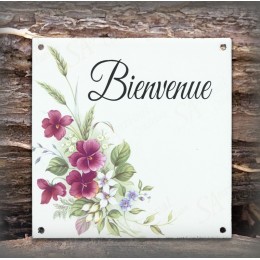 Plaque maison émaillée Bienvenue décor Violettes