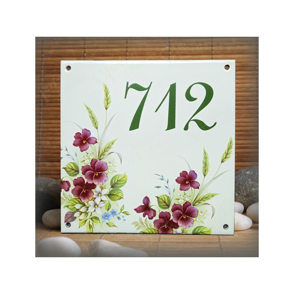 Numéro de rue émaillé décor Violettes 15x15cm