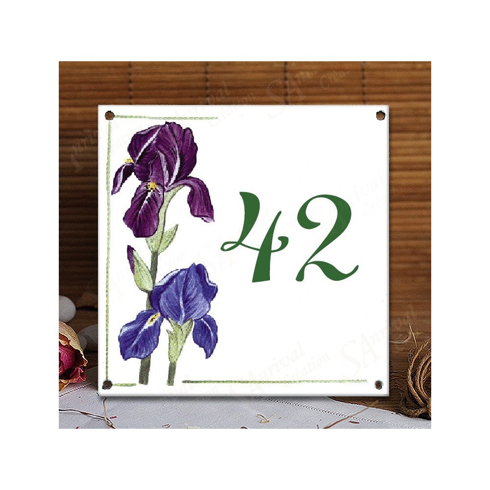 Street Number sign enamelled Iris decoration 6x6in