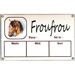 Plaque Box Chevaux émaillée blanc liseré et texte marron décor Frou-Frou 14x23cm