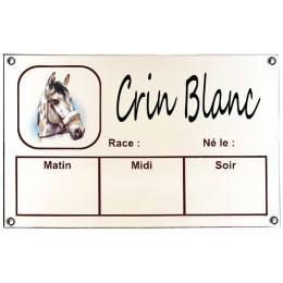 Plaque Box Chevaux émaillée blanc liseré et texte marron décor Crin Blanc 14x23cm