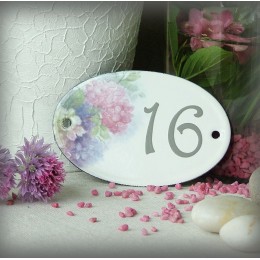 Numéro gris sur plaque ovale émaillé décor hortensia