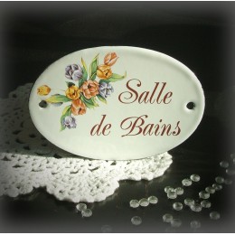 Plaque ovale de porte émail blanc décor tulipe "salle de bains"