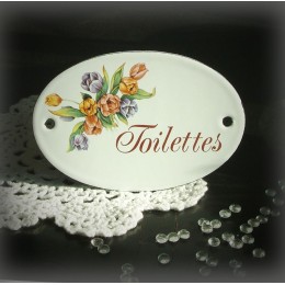 Plaque ovale de porte émail blanc décor tulipe "toilettes"