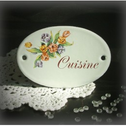White Oval enamel plate for door decor tulip "cuisine"