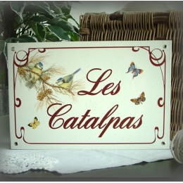 Plaque émaillée gres 30x20cm décor Mésange bleue texte english liseré anglais