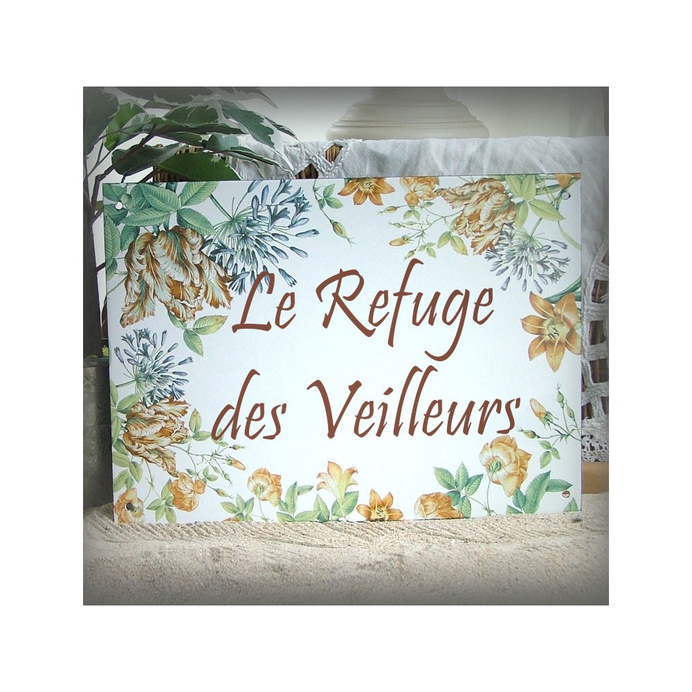 Plaque de Maison émail blanc décor tulipes perroquet avec votre texte 32x23,5cm