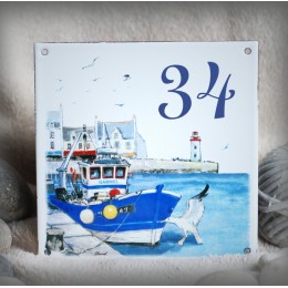 Numéro de rue émaillé décor Le port 15x15cm
