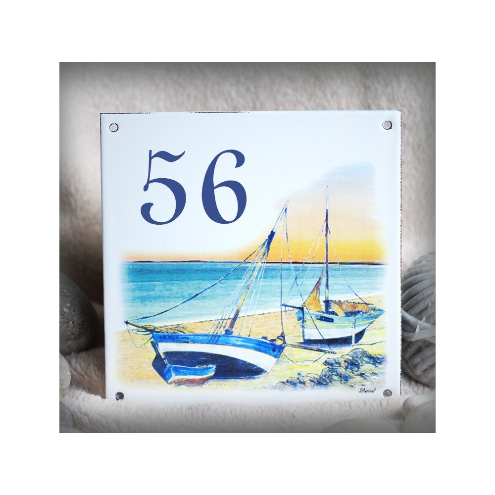 Street Number enamelled Sailboats decoration 6x6in