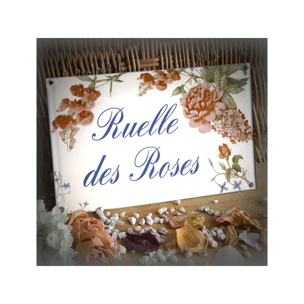 Plaque maison personnalisée émaillée blanc décor Roses et pois de senteur texte english bleu