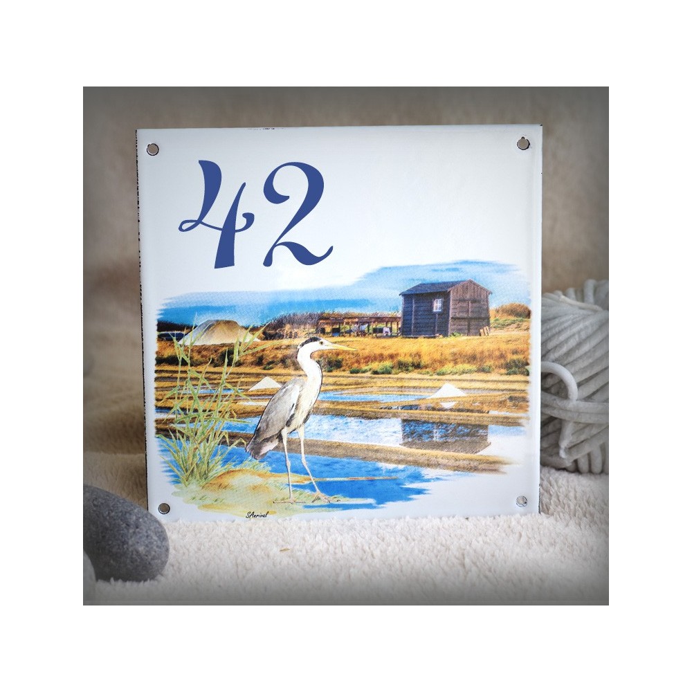 Numéro de rue émaillé décor Marais 15x15cm