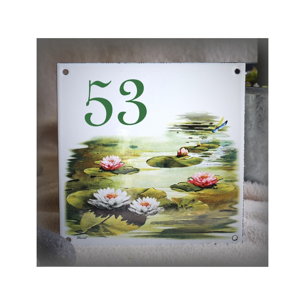 Street Number enamelled water lily decoration 6x6in