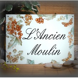 Plaque de Maison émail blanc décor Groseilles avec votre texte 32x23,5cm