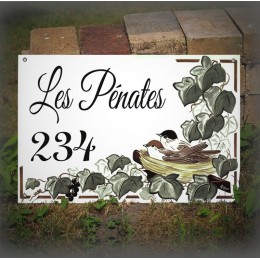 Plaque de Maison décor Nid de mésanges en émail avec votre texte personnalisé