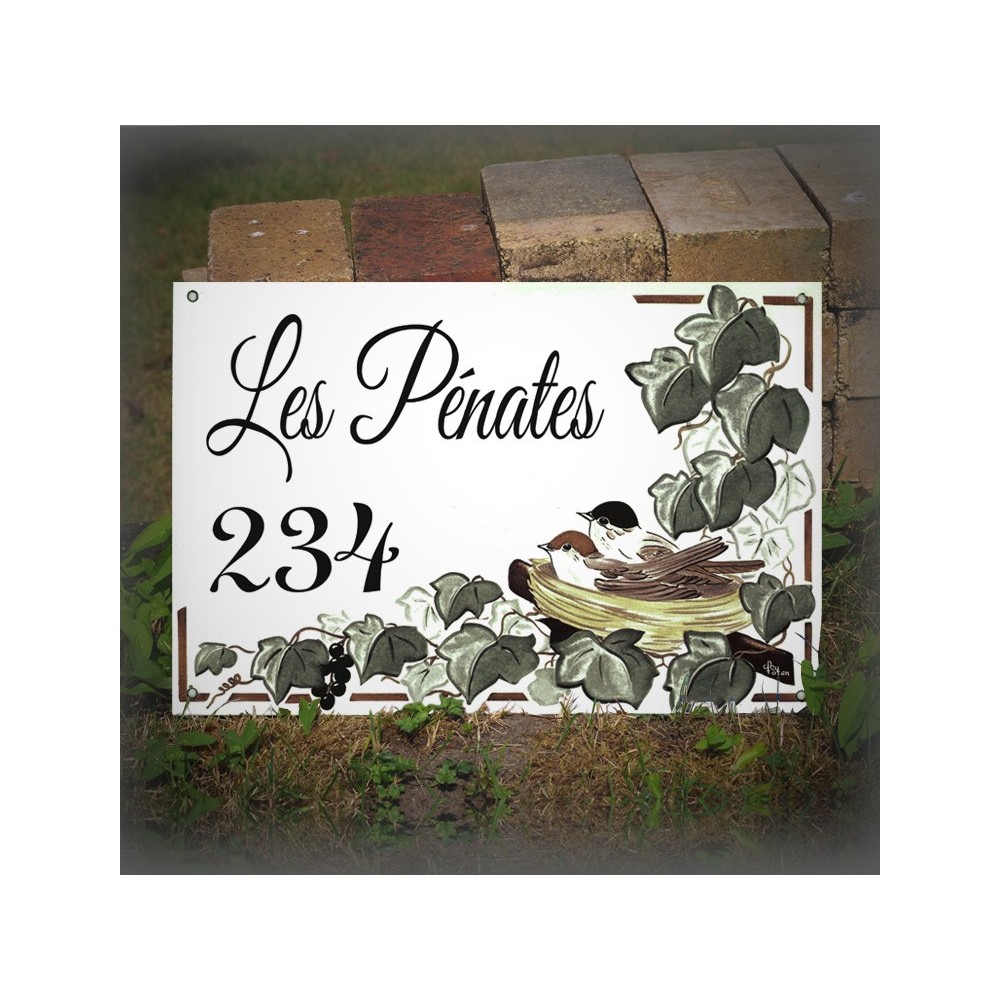 Plaque de Maison décor Nid de mésanges en émail avec votre texte personnalisé