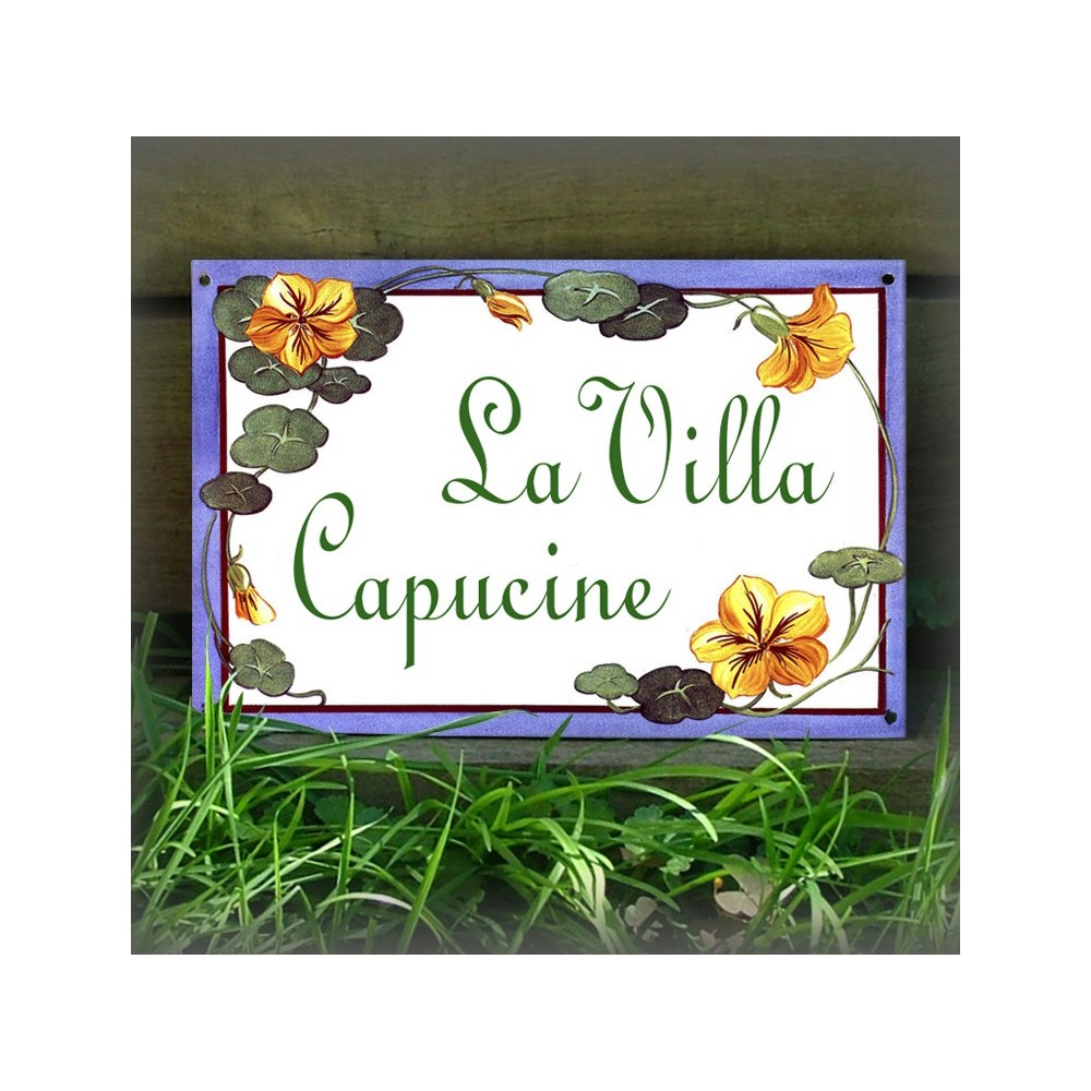 Plaque de Maison décor Capucines en émail police Linus