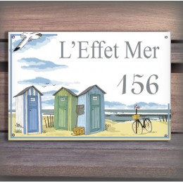 Plaque de Maison décor Cabines de plage en émail avec votre texte personnalisé