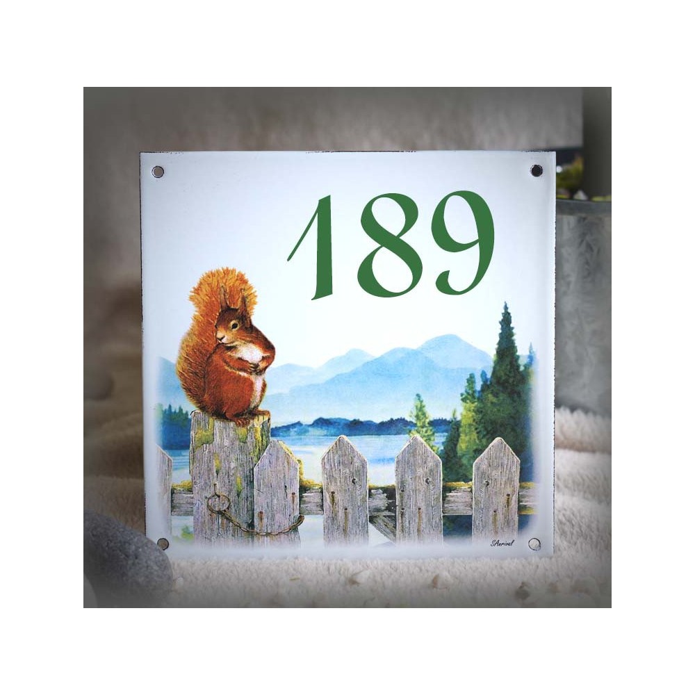 Numéro de rue émaillé décor Ecureuil 15x15cm
