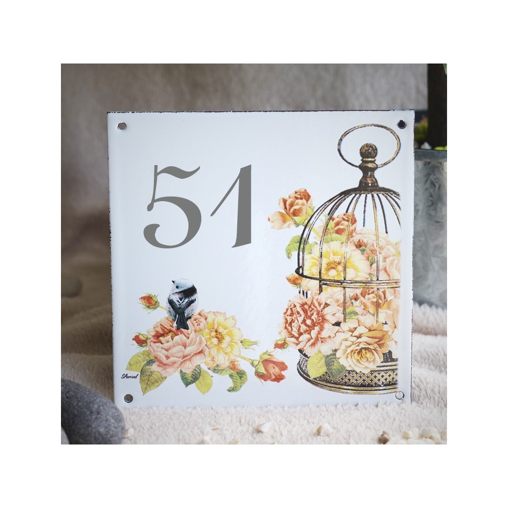 Numéro de rue émaillé décor Roses and Cage