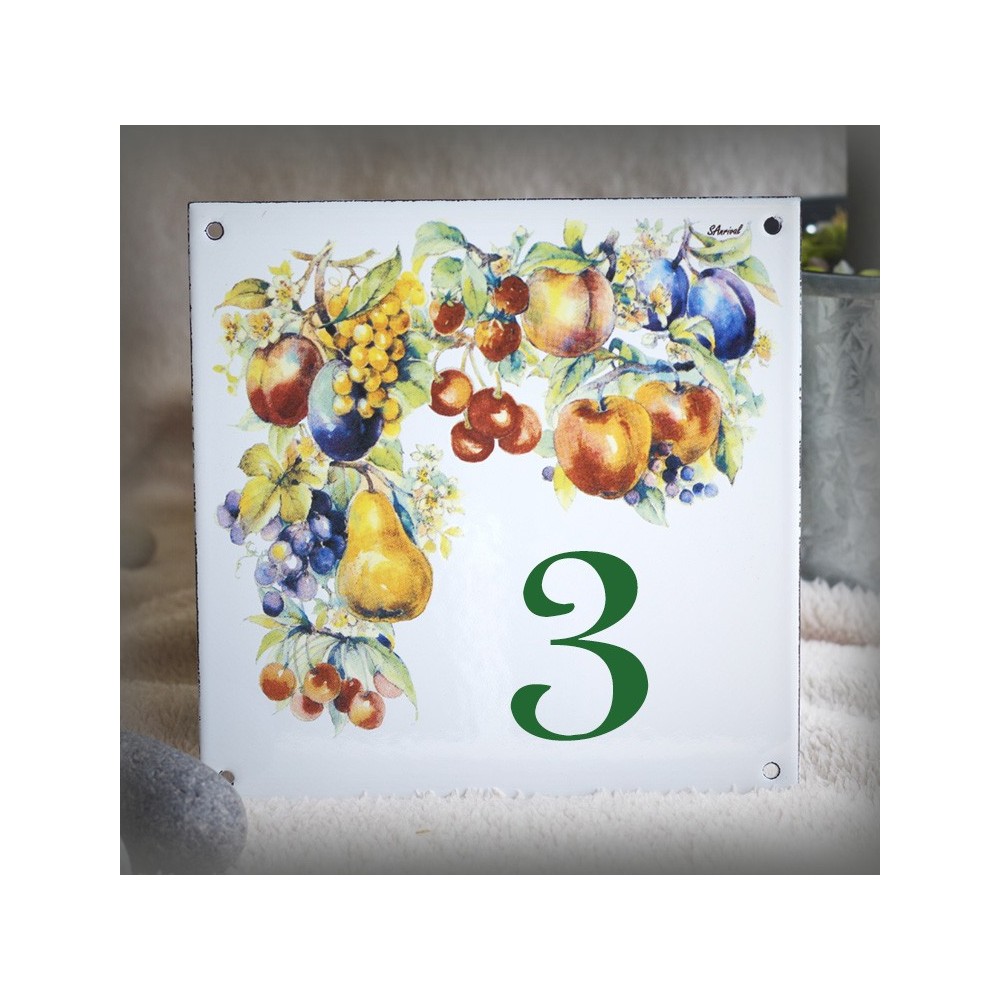 Numéro de rue émaillé décor Fruits 15x15cm