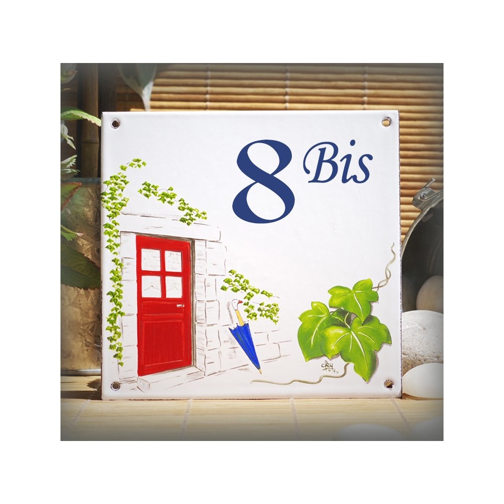 Numéro de rue émaillé décor porte rouge 15x15cm