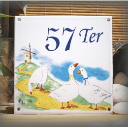 Numéro de rue émaillé décor Les Oies 15x15cm