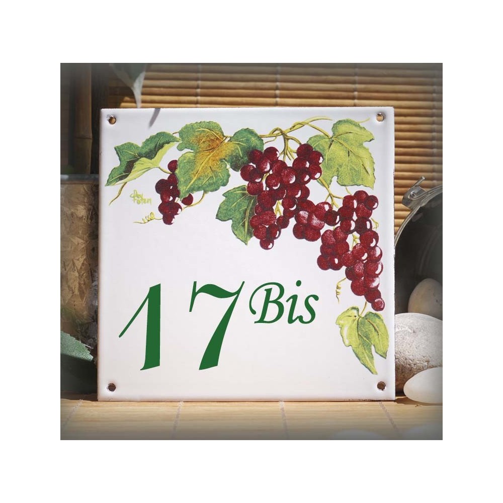 Numéro de rue émaillé décor vignes 15x15cm