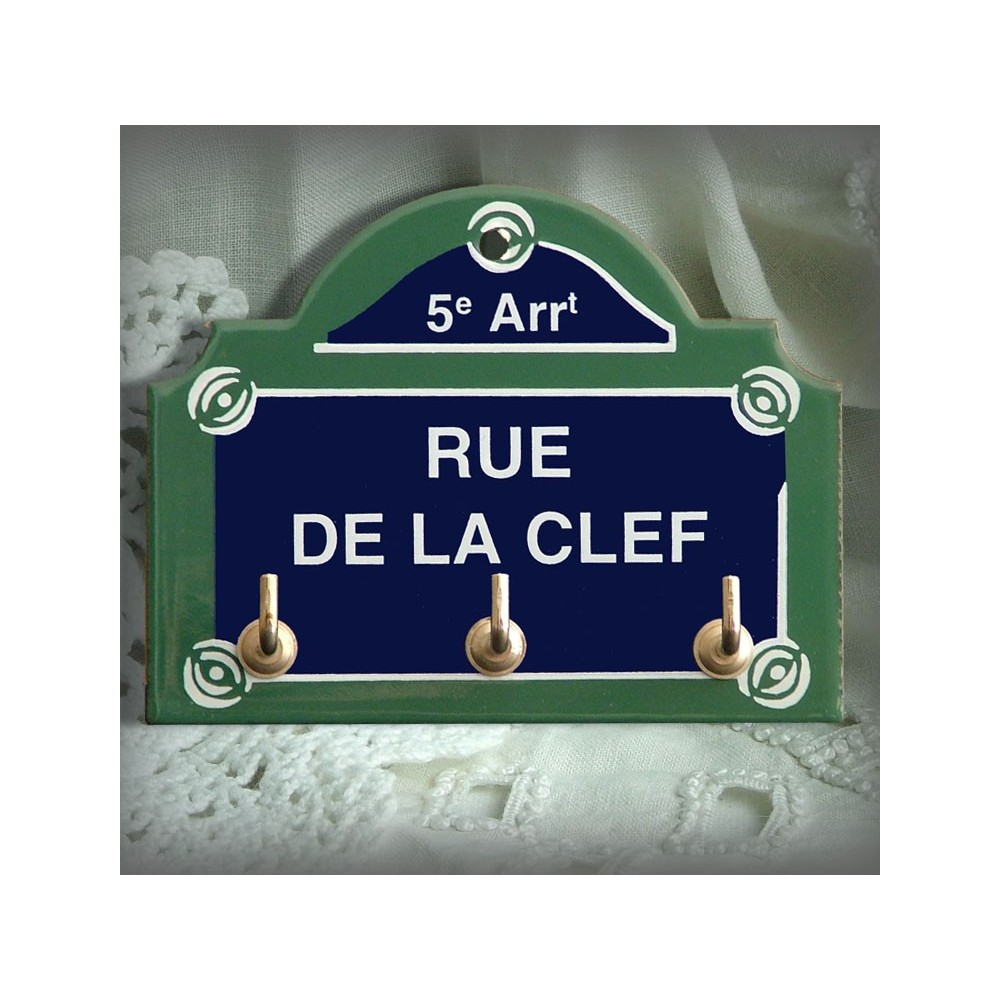 Plaque émaillée "Paris" - Rue de la Clef + 3 crochets