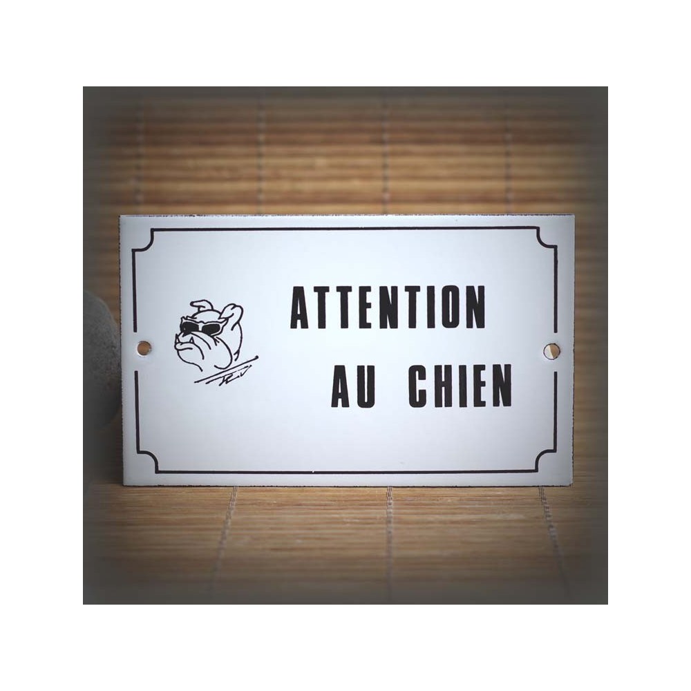 Enamel plate "Attention Chien" dog with glasses