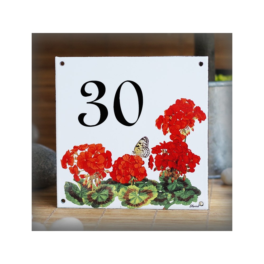Street Number enamelled geranium decoration 6x6in