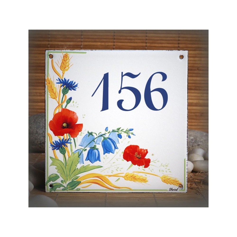 Numéro de rue émaillé décor Coquelicots 15x15cm