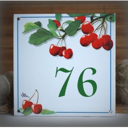 Numéro de rue émaillé décor cerises 15x15cm