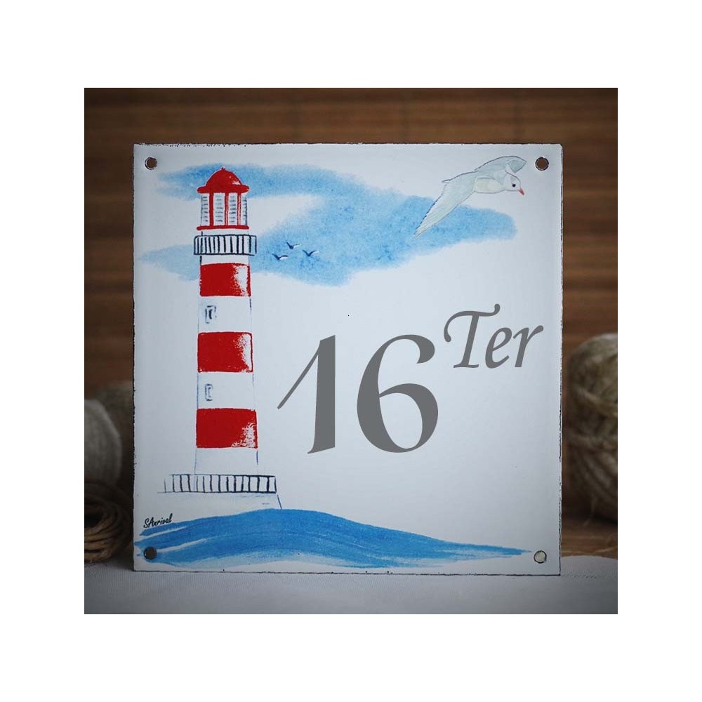 Street Number enamelled Red Lighthouse decoration 6x6in