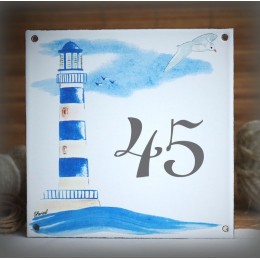 Numéro de rue émaillé décor Phare bleu 15x15cm