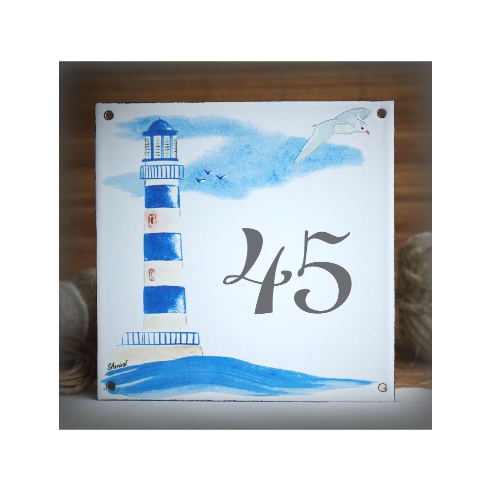 Numéro de rue émaillé décor Phare bleu 15x15cm