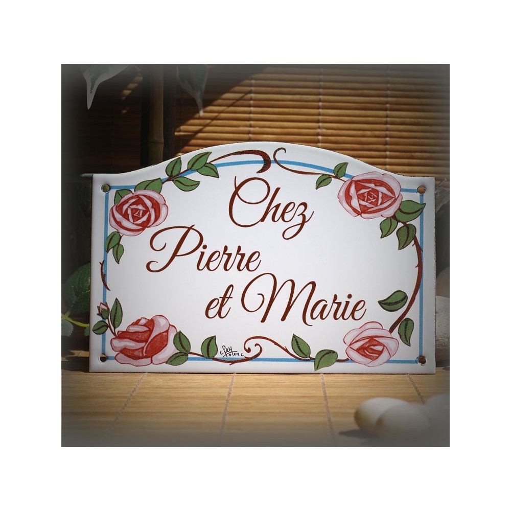 Plaque de Maison émaillé décor Roses 13,5x20cm