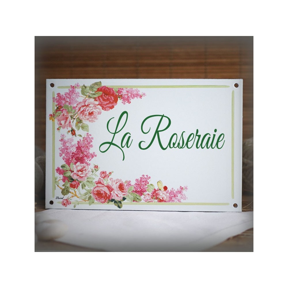 House name plate enamelled Roses and sweet peas decoration