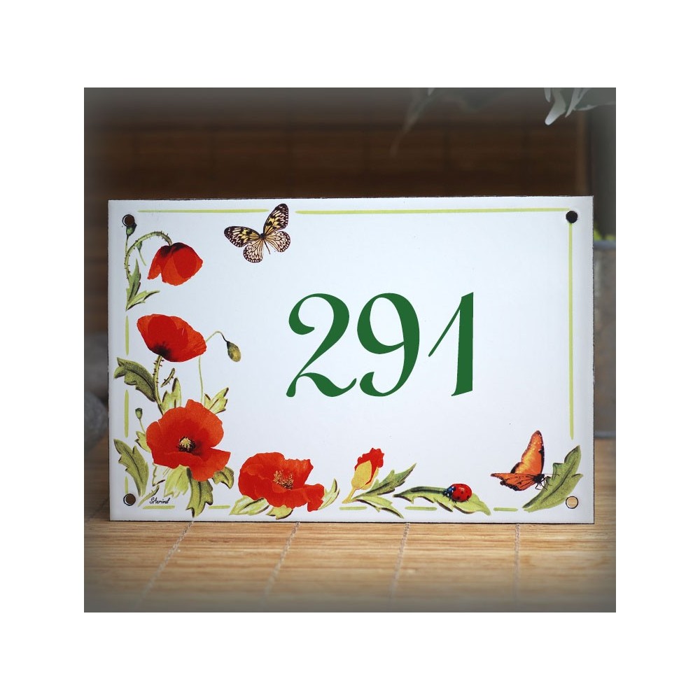 House number plate enamelled Poppies decoration