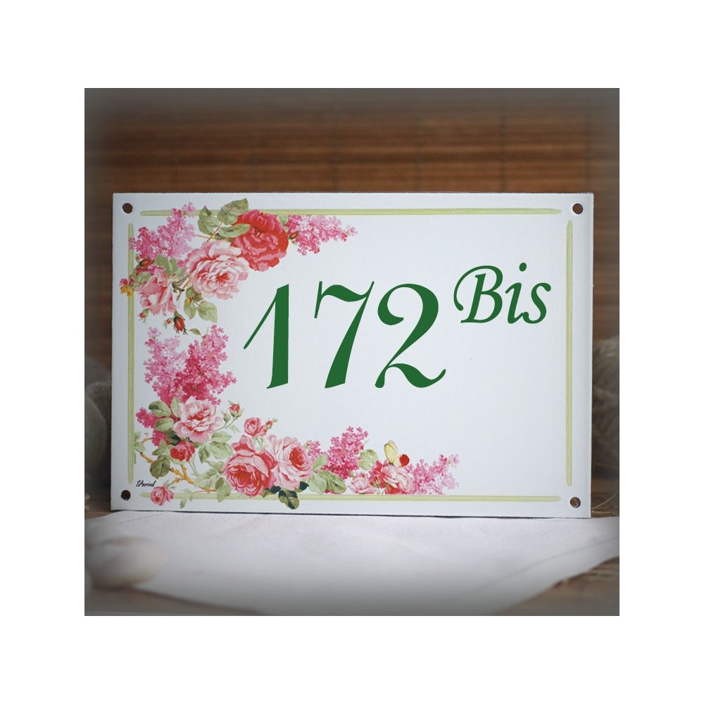 House number plate enamelled Roses and sweet peas decoration