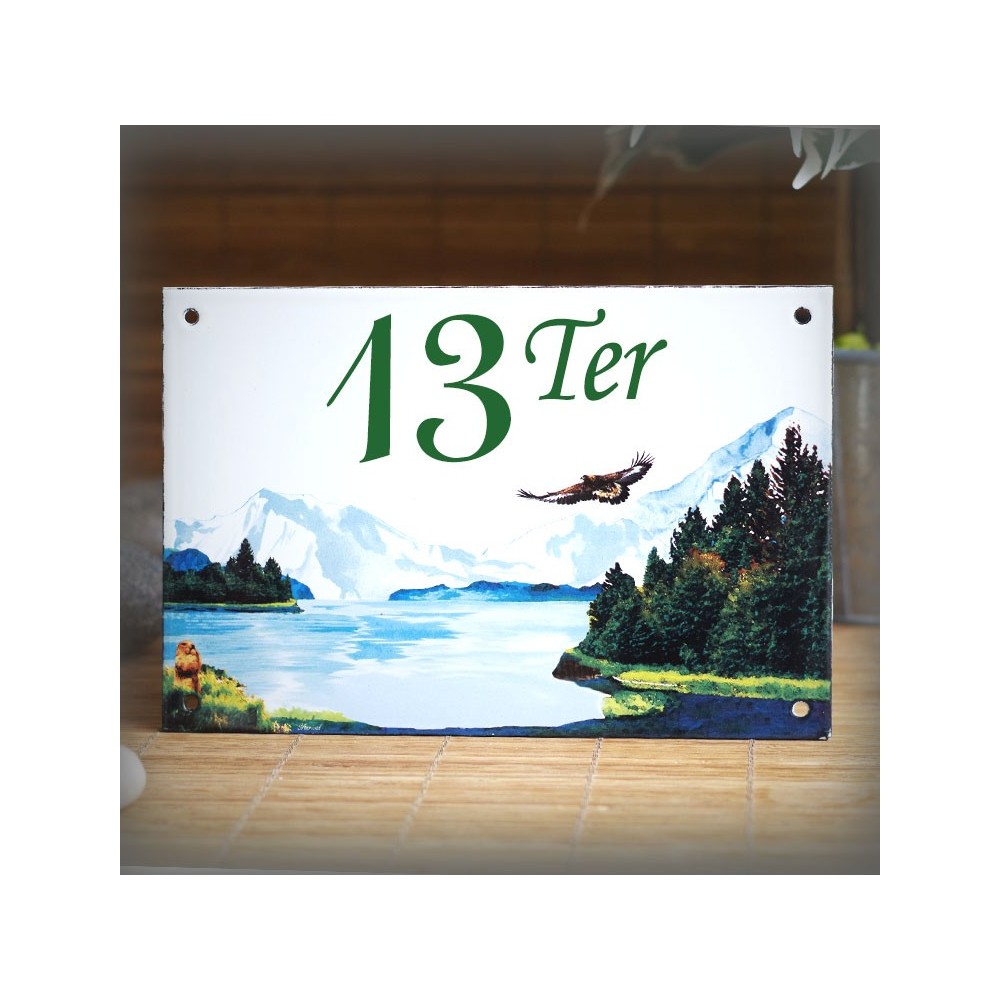 House number plate enamelled Mountain decoration