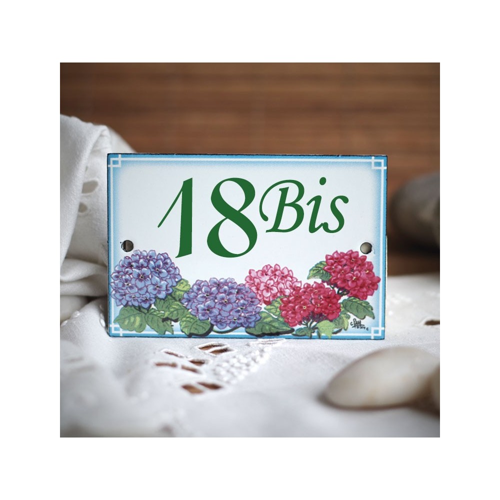 House Number sign enamelled Hydrangeas decor 4,2x2,8in
