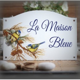 Plaque de maison émaillée décor Mésanges bleues 13,5x20cm