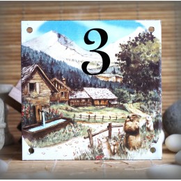 Numéro de rue émaillé : décor Montagne Marmottes, 15x15cm