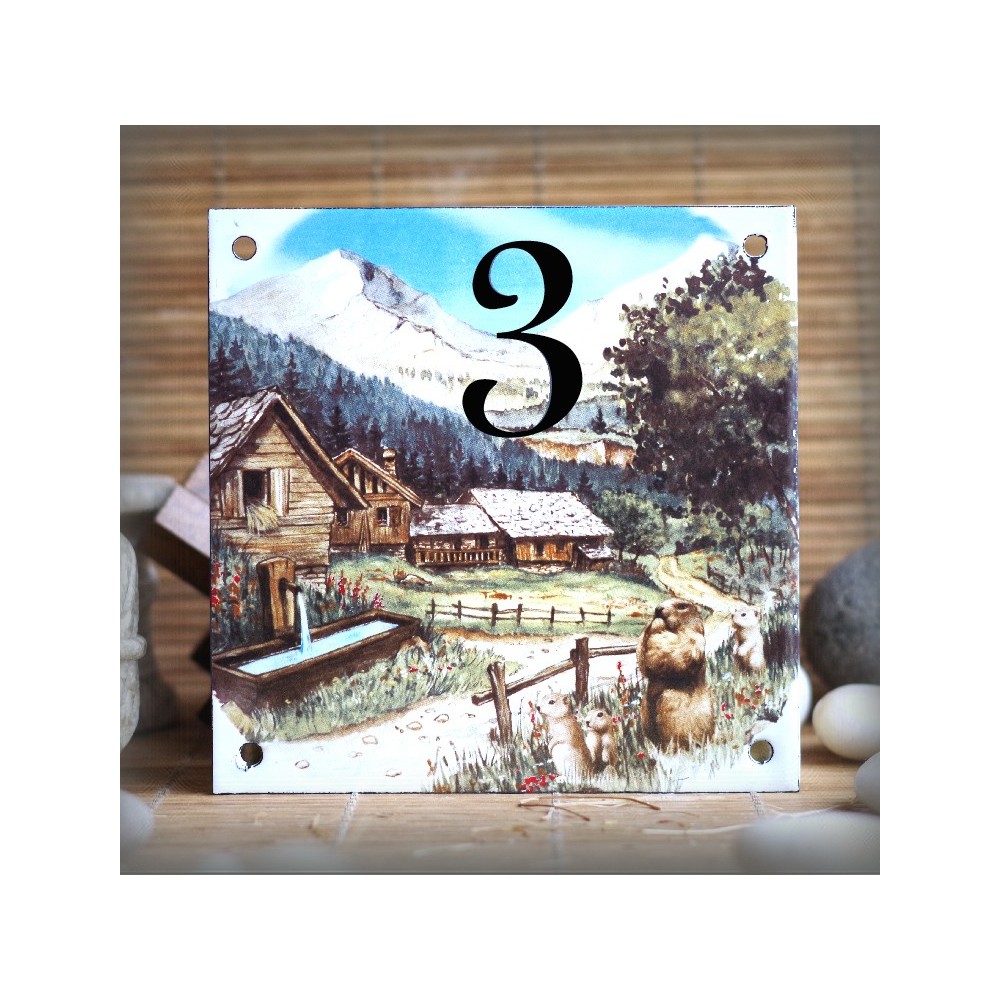 Numéro de rue émaillé : décor Montagne Marmottes, 15x15cm