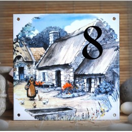 Numéro de rue émaillé : décor toit de chaume, 15x15cm