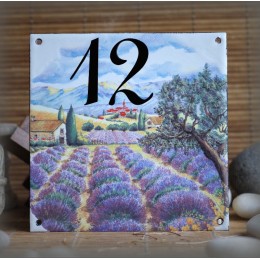 Numéro de rue émaillé : décor Lavande, 15x15cm